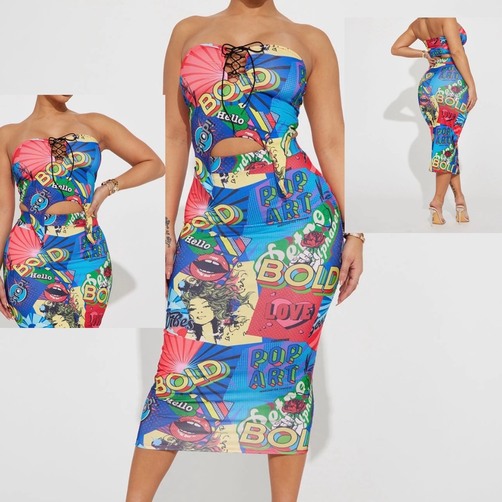 Women’s High Waist Bodycon Bold Vibes 2 Pc Tube Top Skirt Set